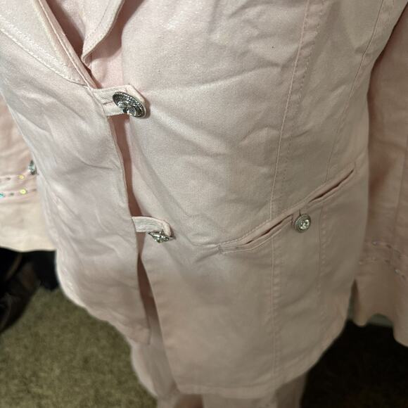 Womens Denim By Milano 3 Pc Suit Skirt Jacket shell Baby Pink sz 10 Bling - Picture 4 of 13